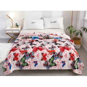 Patura pufoasa cocolino gofrata 200x230cm, 300gr/mp, Roz-Multicolor, Fluturi