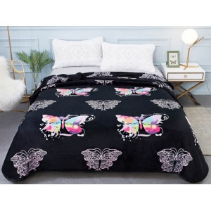 Patura pufoasa cocolino 200x230cm, 300gr/mp, Negru-Multicolor, Fluturi