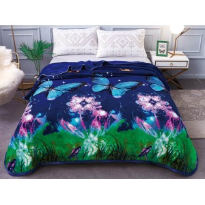 Patura pufoasa cocolino 200x230cm, 300gr/mp, Bleumarin-Multicolor, Flori, Fluturi