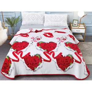 Patura pufoasa cocolino 200x230cm, 300gr/mp, Alb-Rosu, Inimioare, Trandafiri