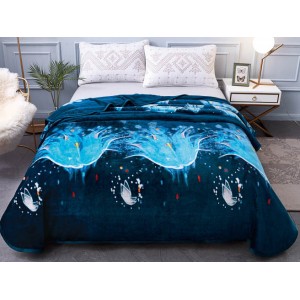 Patura pufoasa cocolino 200x230cm, 300gr/mp, Bleumarin-Bleu, Flori, Fluturi