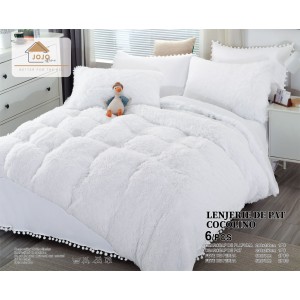 Lenjerie pat super pufoasa COCOLINO Fluffy cu ciucuri, 6 piese, ALB