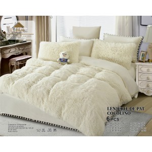 Lenjerie pat super pufoasa COCOLINO Fluffy cu ciucuri, 6 piese, CREM