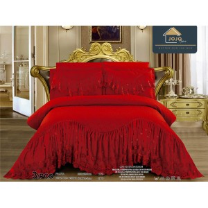 Cuvertura pat dublu, 3 piese, Bumbac Finet, 220x280cm, cu volanase si broderie, Jojo Home, Rosu