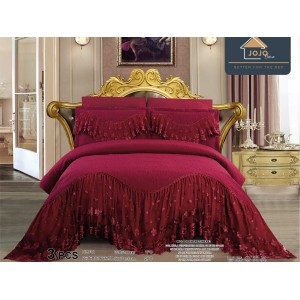 Cuvertura pat dublu, 3 piese, Bumbac Finet, 220x280cm, cu volanase si broderie, Jojo Home, Grena