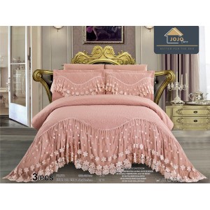 Cuvertura pat dublu, 3 piese, Bumbac Finet, 220x280cm, cu volanase si broderie, Jojo Home, Roz prafuit