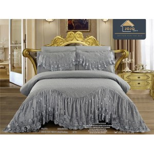 Cuvertura pat dublu, 3 piese, Bumbac Finet, 220x280cm, cu volanase si broderie, Jojo Home, Gri