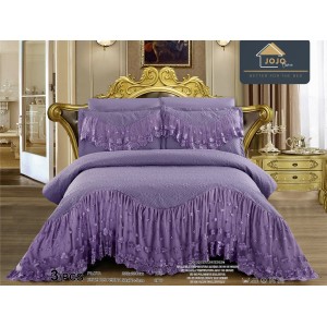 Cuvertura pat dublu, 3 piese, Bumbac Finet, 220x280cm, cu volanase si broderie, Jojo Home, Mov