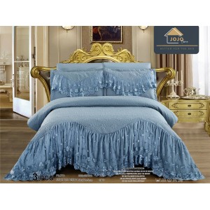Cuvertura pat dublu, 3 piese, Bumbac Finet, 220x280cm, cu volanase si broderie, Jojo Home, Bleu