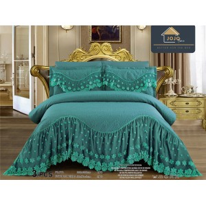 Cuvertura pat dublu, 3 piese, Bumbac Finet, 220x280cm, cu volanase si broderie, Jojo Home, Turquoise