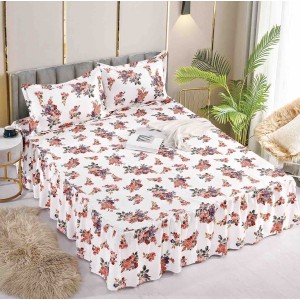 Cearsaf cu volanase, Bumbac FINET, 180x200cm, 2 fete de perne 50x70cm, Jojo Home, Alb, flori