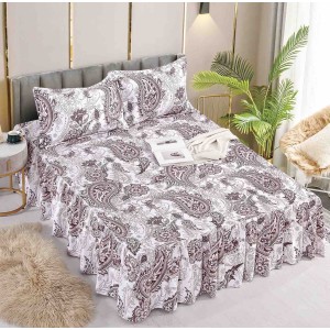 Cearsaf cu volanase, Bumbac FINET, 180x200cm, 2 fete de perne 50x70cm, Jojo Home, Alb-Violet, model elegant