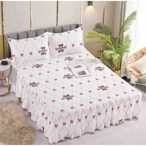 Cearsaf cu volanase, Bumbac FINET, 180x200cm, 2 fete de perne 50x70cm, Jojo Home, Alb-Roz, inimioare, ursuleti