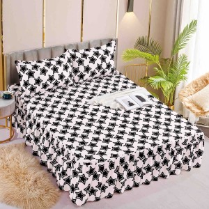 Cearsaf cu volanase, Bumbac FINET, 180x200cm, 2 fete de perne 50x70cm, Jojo Home, Alb-Negru, stelute