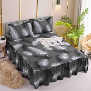 Cearsaf cu volanase, Bumbac FINET, 180x200cm, 2 fete de perne 50x70cm, Jojo Home, Gri-Alb, pene