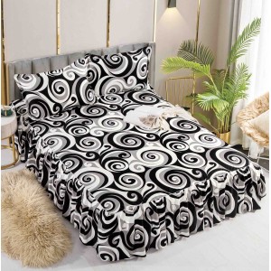 Cearsaf cu volanase, Bumbac FINET, 180x200cm, 2 fete de perne 50x70cm, Jojo Home, Alb-Negru, model abstract