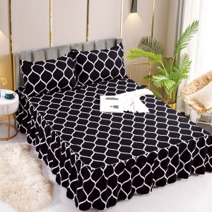 Cearsaf cu volanase, Bumbac FINET, 180x200cm, 2 fete de perne 50x70cm, Jojo Home, Negru-Alb, model elegant
