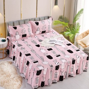 Cearsaf cu volanase, Bumbac FINET, 180x200cm, 2 fete de perne 50x70cm, Jojo Home, Roz-Negru, cactusi