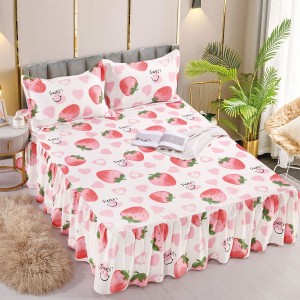 Cearsaf cu volanase, Bumbac FINET, 180x200cm, 2 fete de perne 50x70cm, Jojo Home, Alb-Roz, capsune