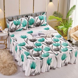 Cearsaf cu volanase, Bumbac FINET, 180x200cm, 2 fete de perne 50x70cm, Jojo Home, Alb-Turquoise, lalele