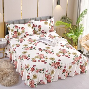 Cearsaf cu volanase, Bumbac FINET, 180x200cm, 2 fete de perne 50x70cm, Jojo Home, Alb-Multicolor, flori