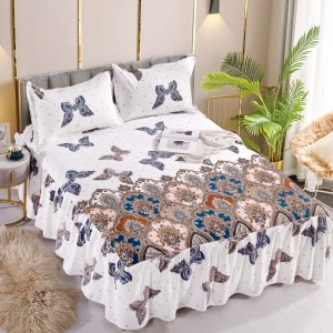 Cearsaf cu volanase, Bumbac FINET, 180x200cm, 2 fete de perne 50x70cm, Jojo Home, Alb-Multicolor, fluturi