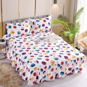 Cearsaf cu volanase, Bumbac FINET, 180x200cm, 2 fete de perne 50x70cm, Jojo Home, Alb-Multicolor, macarons