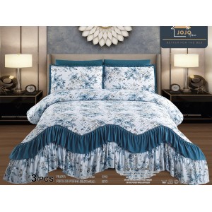 Cuvertura pat dublu, 3 piese, Bumbac Finet, 220x270cm, cu volanase, Jojo Home, Alb-Albastru, flori