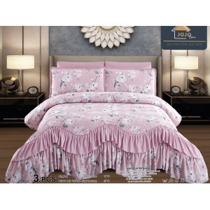 Cuvertura pat dublu, 3 piese, Bumbac Finet, 220x270cm, cu volanase, Jojo Home, Roz, flori