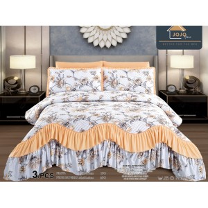 Cuvertura pat dublu, 3 piese, Bumbac Finet, 220x270cm, cu volanase, Jojo Home, Alb-Galben, flori