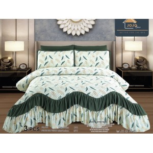 Cuvertura pat dublu, 3 piese, Bumbac Finet, 220x270cm, cu volanase, Jojo Home, Verde, frunze