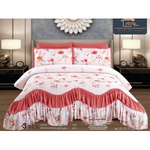 Cuvertura pat dublu, 3 piese, Bumbac Finet, 220x270cm, cu volanase, Jojo Home, Alb-Roz, flori