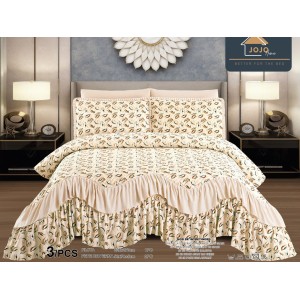 Cuvertura pat dublu, 3 piese, Bumbac Finet, 220x270cm, cu volanase, Jojo Home, Bej, flori