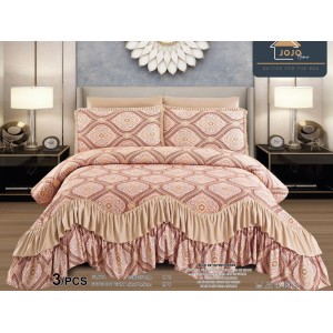 Cuvertura pat dublu, 3 piese, Bumbac Finet, 220x270cm, cu volanase, Jojo Home, Roz-Bej, model elegant