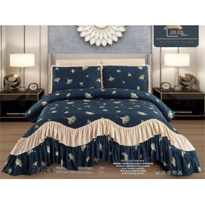 Cuvertura pat dublu, 3 piese, Bumbac Finet, 220x270cm, cu volanase, Jojo Home, Negru-Bej, frunze