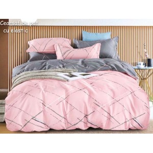 Lenjerie pat dublu,  FINET, 6 piese, cu ELASTIC, Jojo Home, Roz-Gri, linii