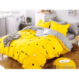 Lenjerie pat dublu,  FINET, 6 piese, cu ELASTIC, Jojo Home, Galben-Gri, gene
