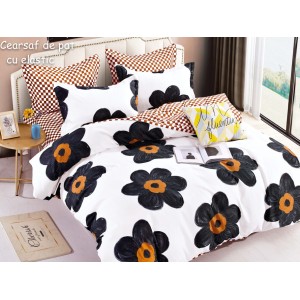 Lenjerie pat dublu,  FINET, 6 piese, cu ELASTIC, Jojo Home, Alb-Negru, flori