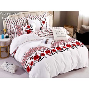 Lenjerie pat dublu,  FINET, 6 piese, cu ELASTIC, Jojo Home, Alb-Rosu, model traditional