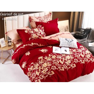 Lenjerie pat dublu,  FINET, 6 piese, cu ELASTIC, Jojo Home, Visiniu-Bej, flori