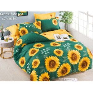Lenjerie pat dublu,  FINET, 6 piese, cu ELASTIC, Jojo Home, Verde-Galben, floarea soarelui