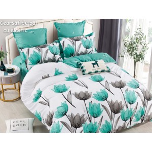 Lenjerie pat dublu, FINET, 6 piese, cu ELASTIC, Jojo Home, Alb-Turquoise, lalele Lenjerie pat dublu, FINET, 6 piese, cu ELASTIC, Jojo Home, Alb-Turquoise, lalele