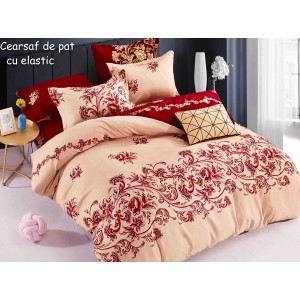 Lenjerie pat dublu,  FINET, 6 piese, cu ELASTIC, Jojo Home, Bej-Visiniu, flori