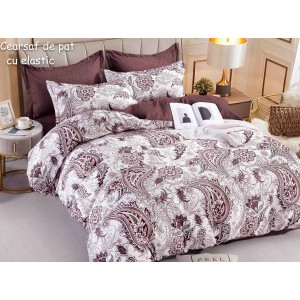 Lenjerie pat dublu,  FINET, 6 piese, cu ELASTIC, Jojo Home, Bej-Visiniu, model elegant