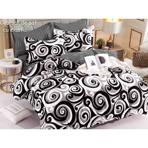 Lenjerie pat dublu, FINET, 6 piese, cu ELASTIC, Jojo Home, Alb-Negru, abstract Lenjerie pat dublu, FINET, 6 piese, cu ELASTIC, Jojo Home, Alb-Negru, abstract