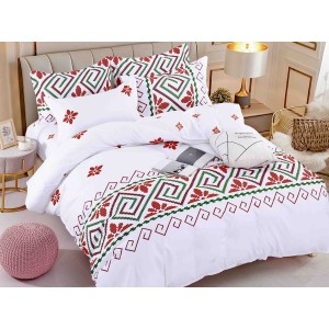 Lenjerie pat dublu,  FINET, 6 piese, Jojo Home, Alb-Rosu, model traditional