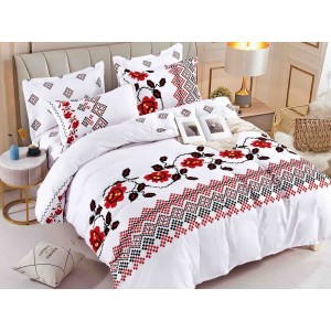 Lenjerie pat dublu,  FINET, 6 piese, cu ELASTIC, Jojo Home, Alb-Rosu, model traditional