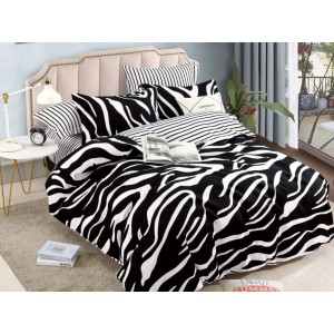 Lenjerie pat dublu,  FINET, 6 piese, cu ELASTIC, Jojo Home, Alb-Negru, animal print