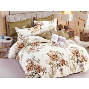 Lenjerie pat dublu,  FINET, 6 piese, cu ELASTIC, Jojo Home, Crem, flori