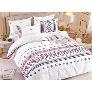 Lenjerie pat dublu,  FINET, 6 piese, cu ELASTIC, Jojo Home, Alb-Rosu-Negru, model traditional